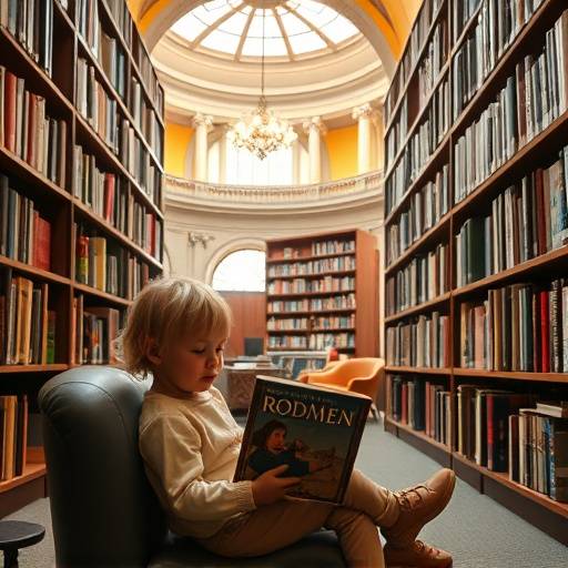 Un bambino che legge un libro in una biblioteca popolare a Roma